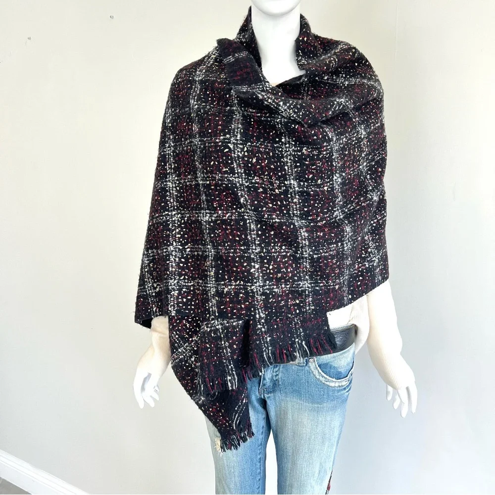 MICHAEL KORS Multicolored Plaid Tweed Gold Foil Knit Soft Long Shawl Wrap Scarf